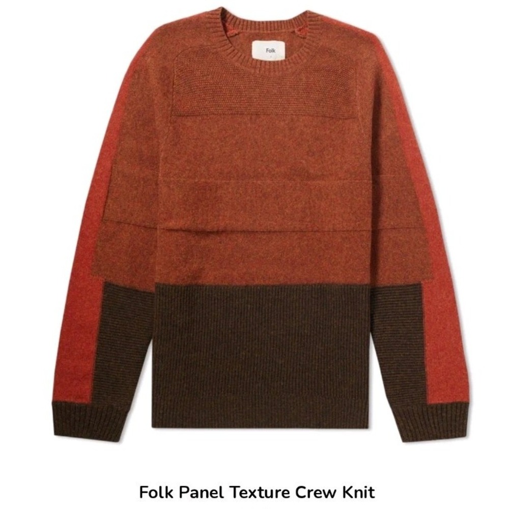 NEW  FOLK Mens Lambswool Blend Panel Texture Crew Knit Pullover Sweater $195